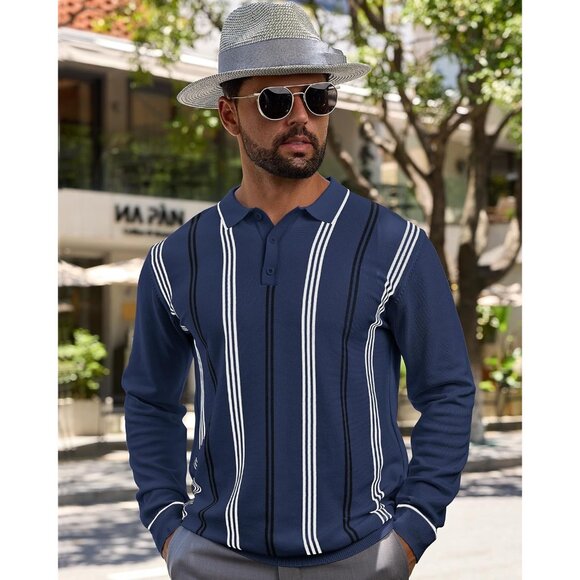 Men's Polo Sweater Long Sleeve Striped Thermal Button Collar Sweater Navy Blue - Picture 5 of 7